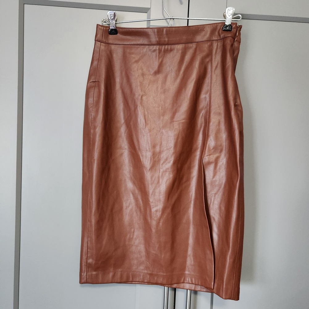 Jason Wu Faux Leather Vegan Pencil Skirt Brown Cognac High Waisted Midi Slit S